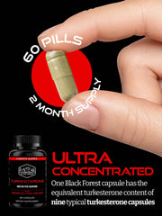 Black Forest Turkesterone 500mg capsules beside packaging highlighting vegan safety.