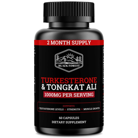 Black Forest Turkesterone Tongkat Ali bottle label highlights premium formula for strength and energy.