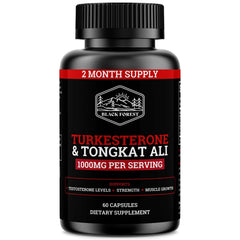 Black Forest Turkesterone Tongkat Ali bottle label highlights premium formula for strength and energy.