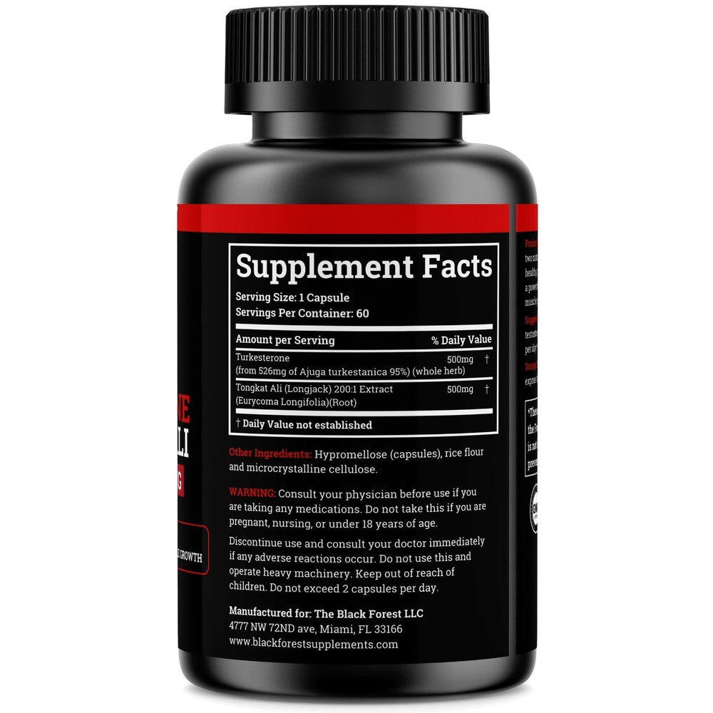 Black Forest Turkesterone Tongkat Ali capsules closeup shows potent daily support.