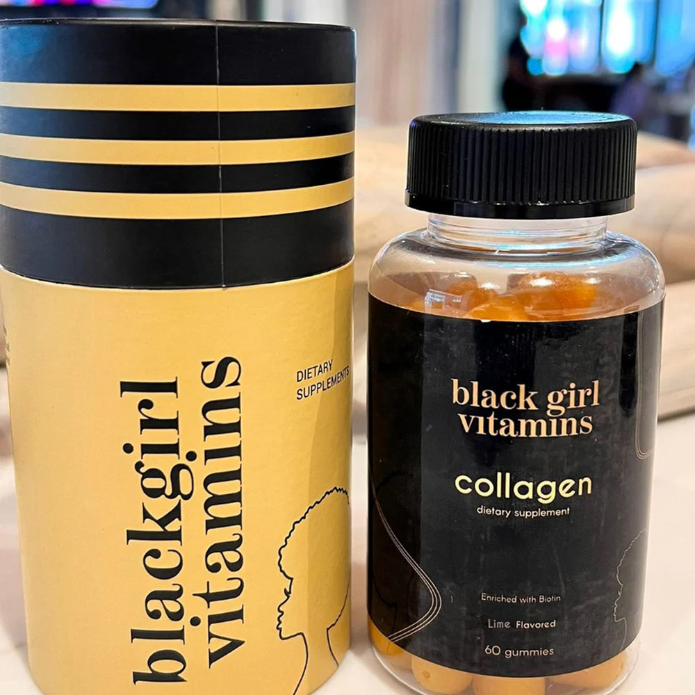 Black Girl Vitamins collagen gummies gluten-free packaging demonstrates clean formula.