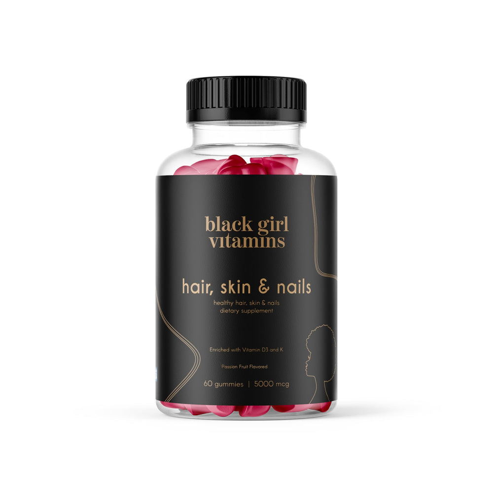 Black Girl Vitamins bottle front with passion fruit gummies for daily hair, skin, and nails care