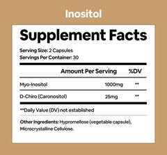 Two Inositol capsules outside the bottle highlight simple daily use.