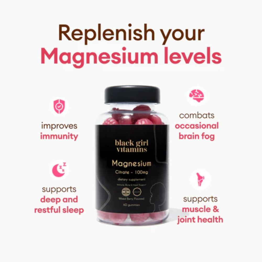Black Girl Vitamins magnesium gummies texture close-up showing glossy bite-size pieces.