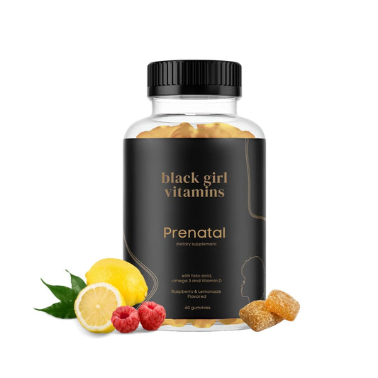 Black Girl Vitamins prenatal gummies raspberry-lemonade bottle supports daily prenatal nutrition.
