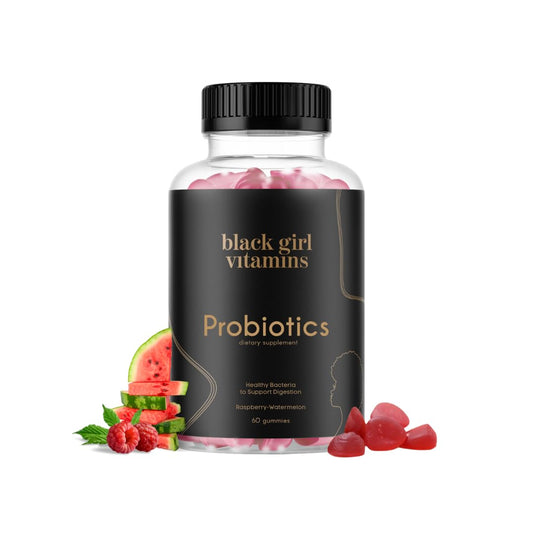 Black Girl Vitamins probiotic gummies bottle showing digestive balance benefits.