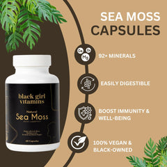 Vegan Black Girl Vitamins sea moss capsules on a clean surface