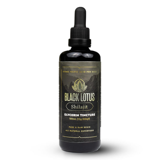 Black Lotus Shilajit bottle with dropper for easy daily dosing and balance.