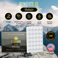 Closeup of Black Lotus Shilajit tablets shows tablet texture and compact form.