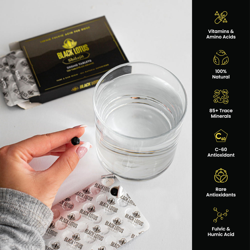 Daily-dose concept featuring Black Lotus Shilajit tablets for focus and energy.