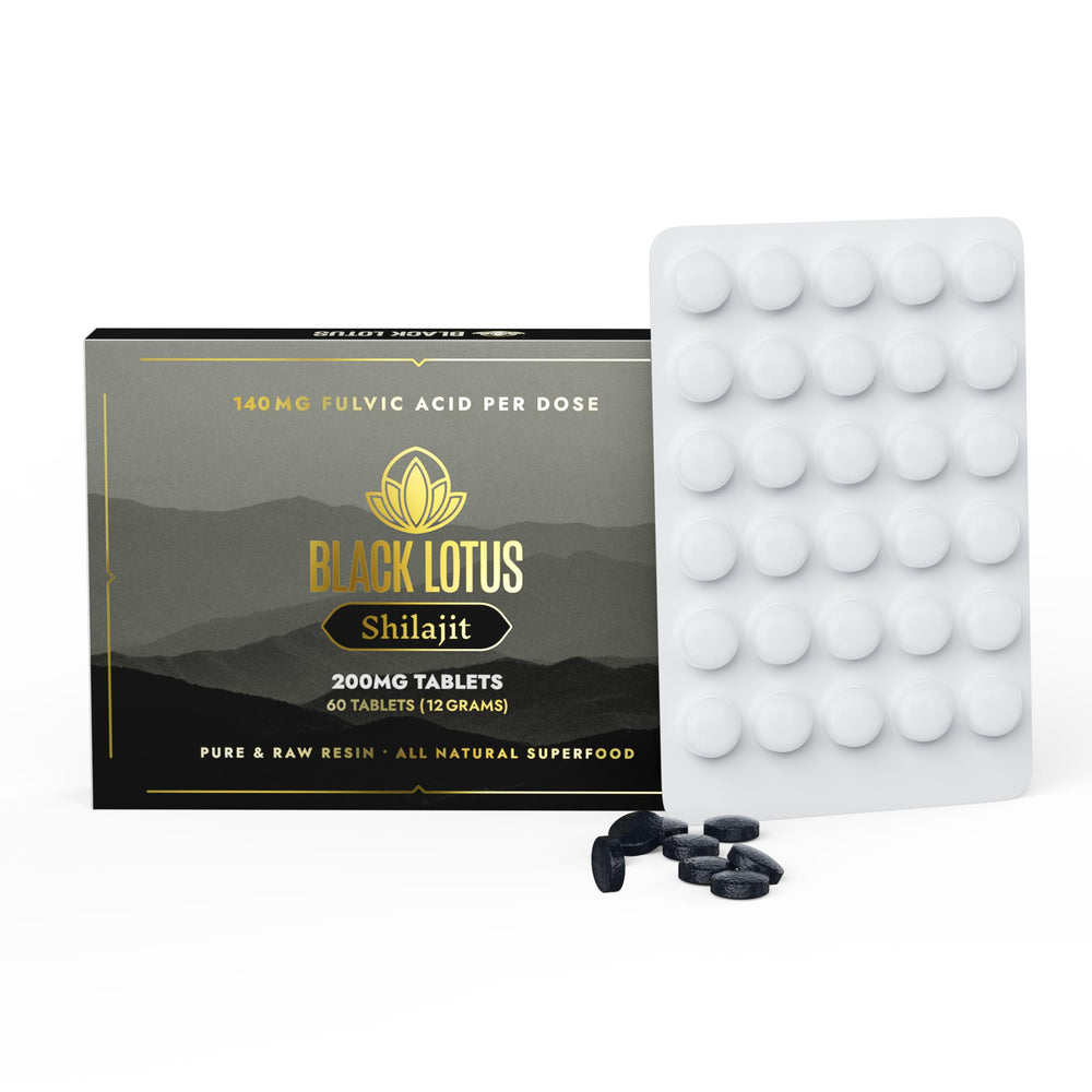 Black Lotus Shilajit tablets packaging highlights quality and convenience for daily use.