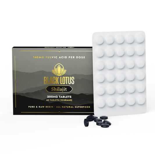 Black Lotus Shilajit tablets packaging highlights quality and convenience for daily use.