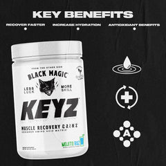 Black Magic Keyz scoop beside shaker illustrating caffeine-free energy potential