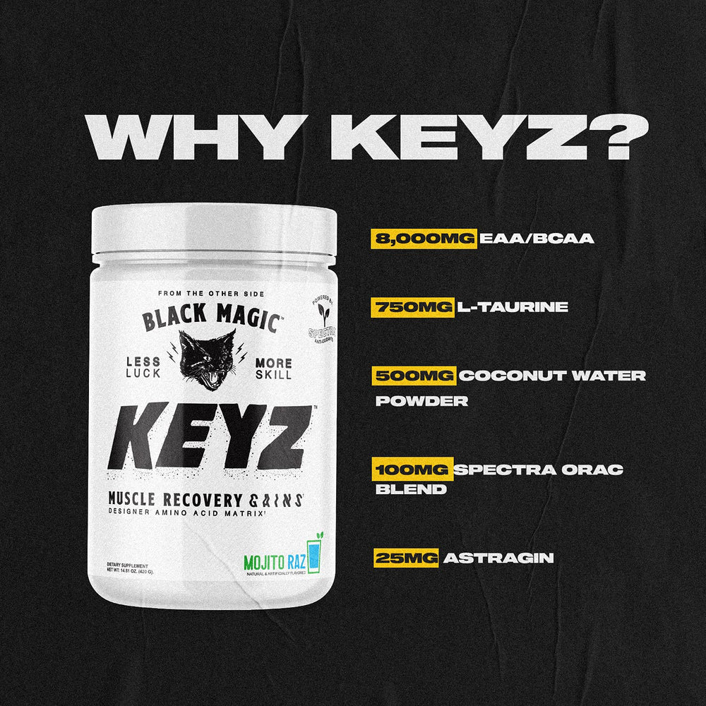 Black Magic Keyz tub label close-up highlighting BCAA and EAA matrix for muscle support