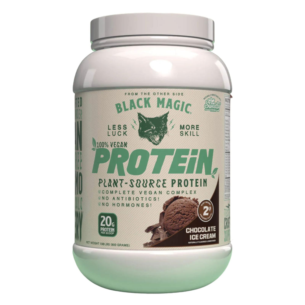 Black Magic vegan protein scoop in chocolate flavor for post-workout fueling