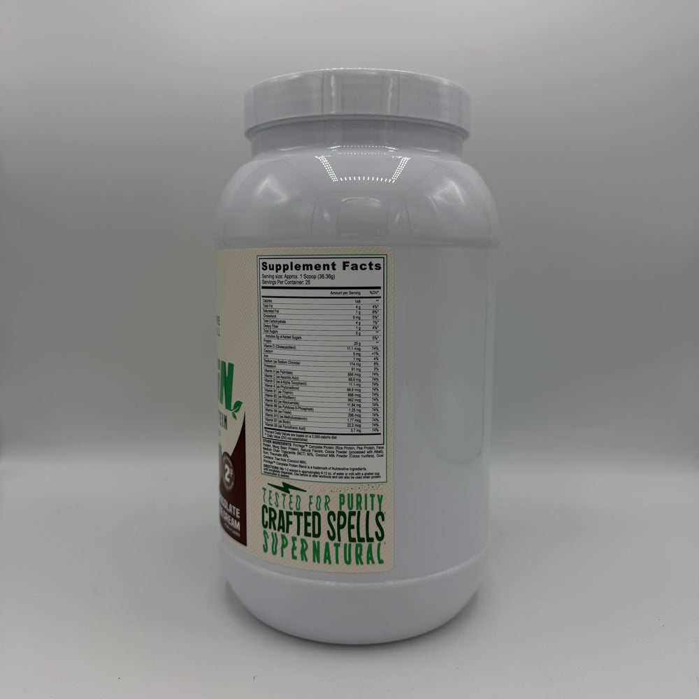 Close-up on Black Magic dairy-free label on the protein tub