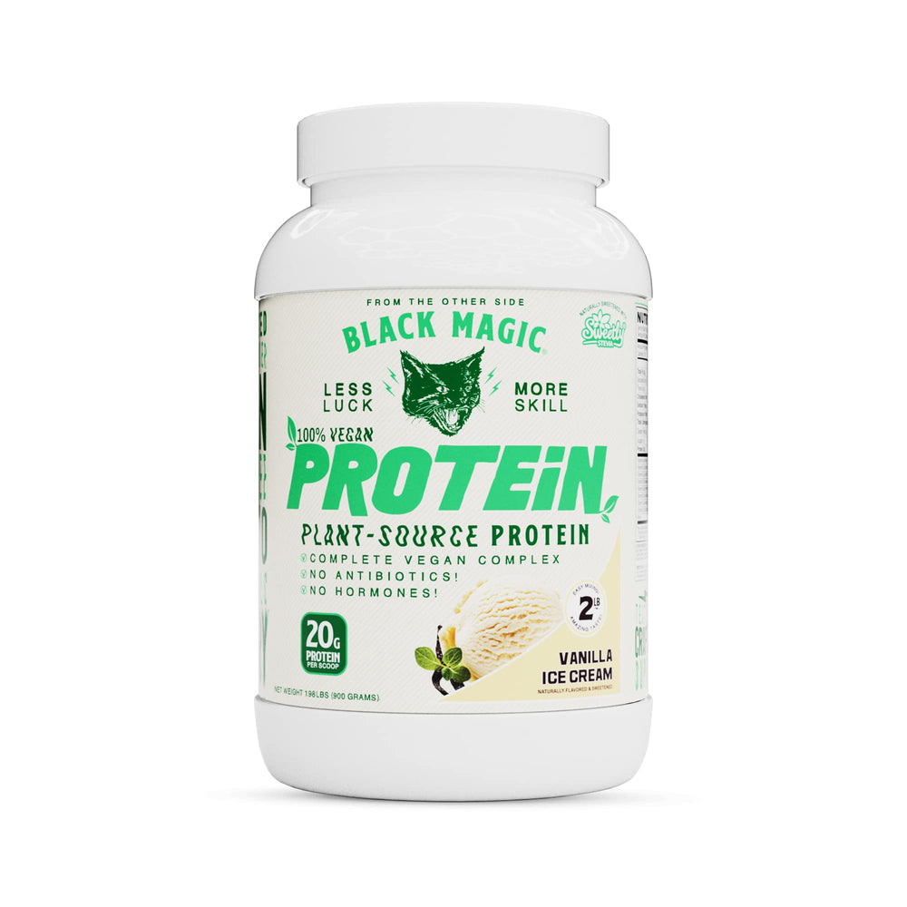 Black Magic vegan protein powder container with vanilla ice cream flavor for post-workout fueling