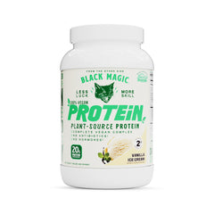 Black Magic vegan protein powder container with vanilla ice cream flavor for post-workout fueling