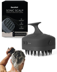 Black Wolf Sonic Scalp Scrubber front view with soft silicone bristles for deep cleansing