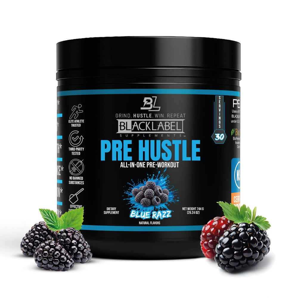 BLACKLABEL PRE Hustle V3 coconut lime bottle highlights a refreshing energy boost for workouts.