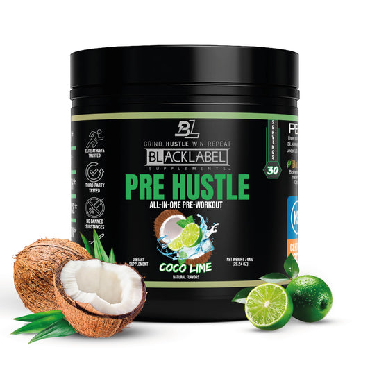 BLACKLABEL PRE Hustle V3 coconut lime tub for a ready-to-mix energy boost before workouts.