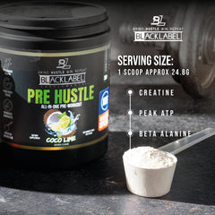 BLACKLABEL PRE Hustle V3 scoop illustrating easy dosage for training sessions.