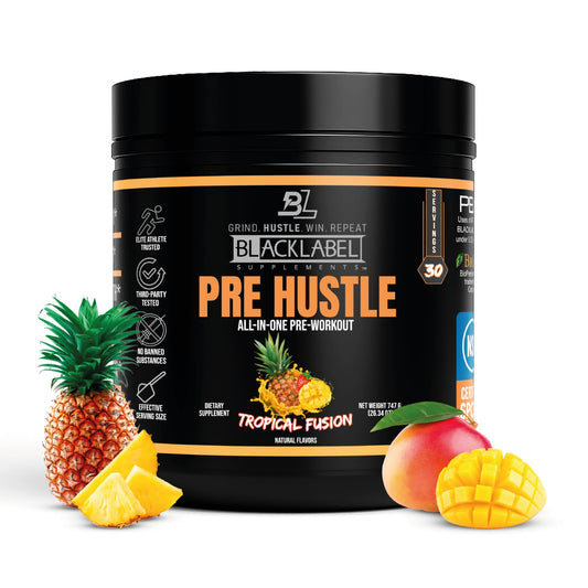 BLACKLABEL PRE Hustle V3 tropical fusion powder in tub enhances pre-workout flavor and energy.