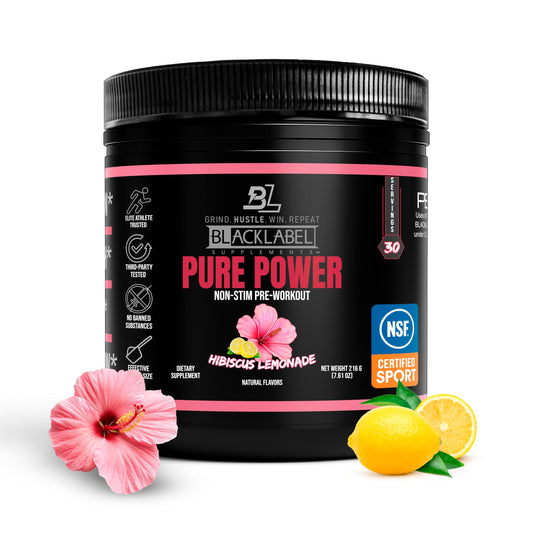 BLACKLABEL Pure Power hibiscus lemonade bottle shows caffeine-free pre-workout option for sensitive users