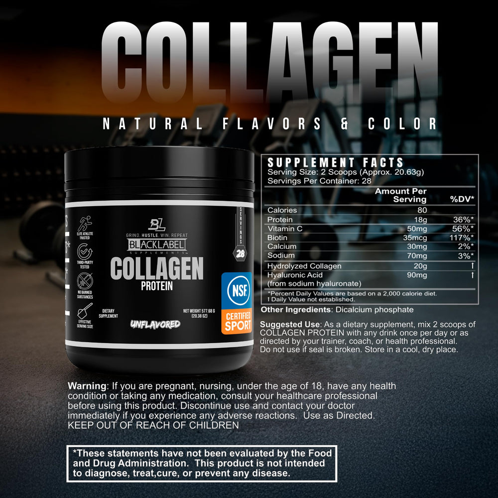 Blacklabel Collagen Peptides powder being poured into a tumbler for on-the-go use.