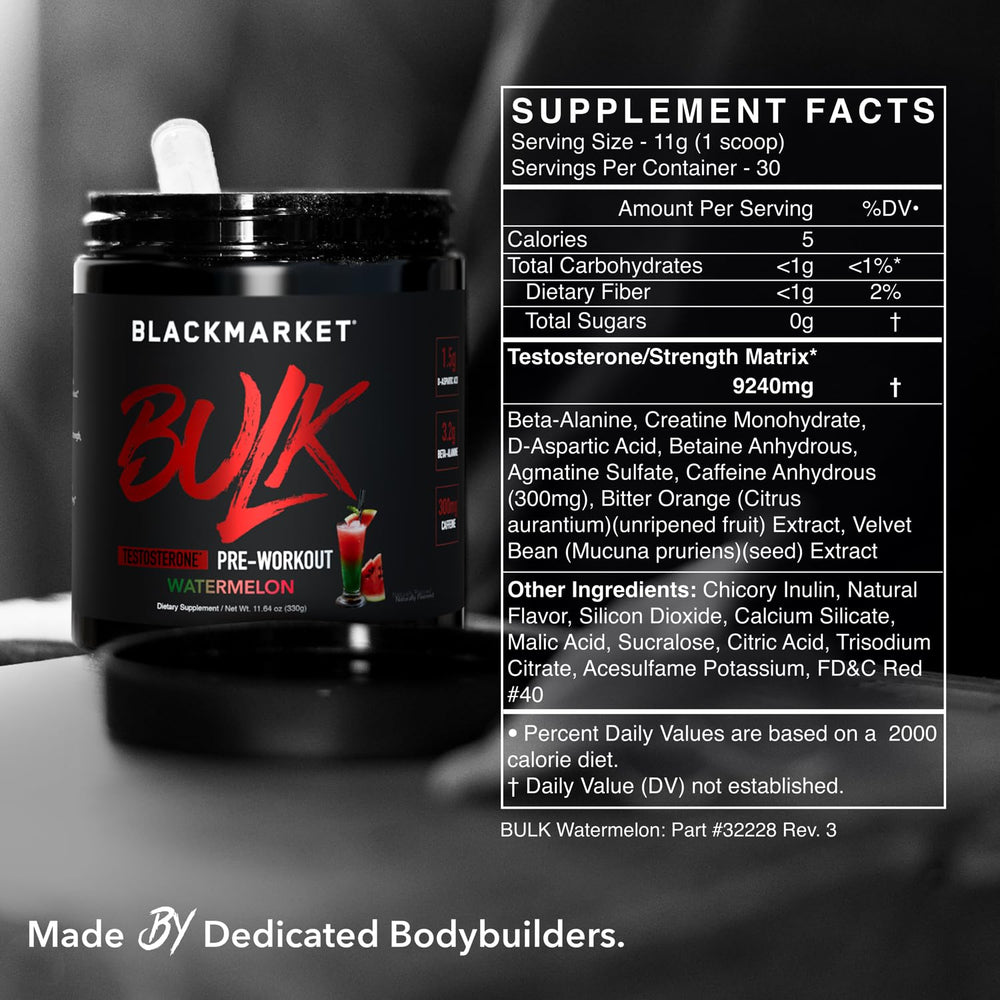 Creatine-rich BlackMarket Bulk Pre-Workout blend signaling enhanced pump potential.