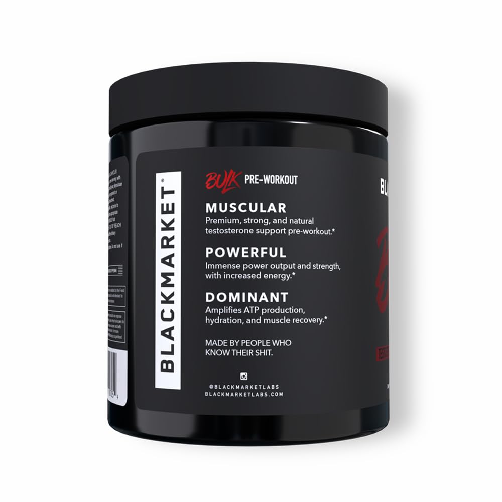 Shaker bottle with BlackMarket Bulk Pre-Workout watermelon flavor ready for workouts.