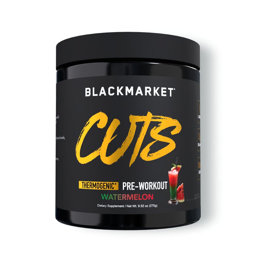 BLACKMARKET CUTS Watermelon powder tub front for pre-workout energy