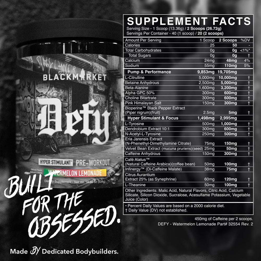 BLACKMARKET DEFY bottle beside gym gear signaling ready training.