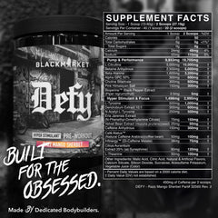 BLACKMARKET DEFY label details highlight transparent ingredient listing