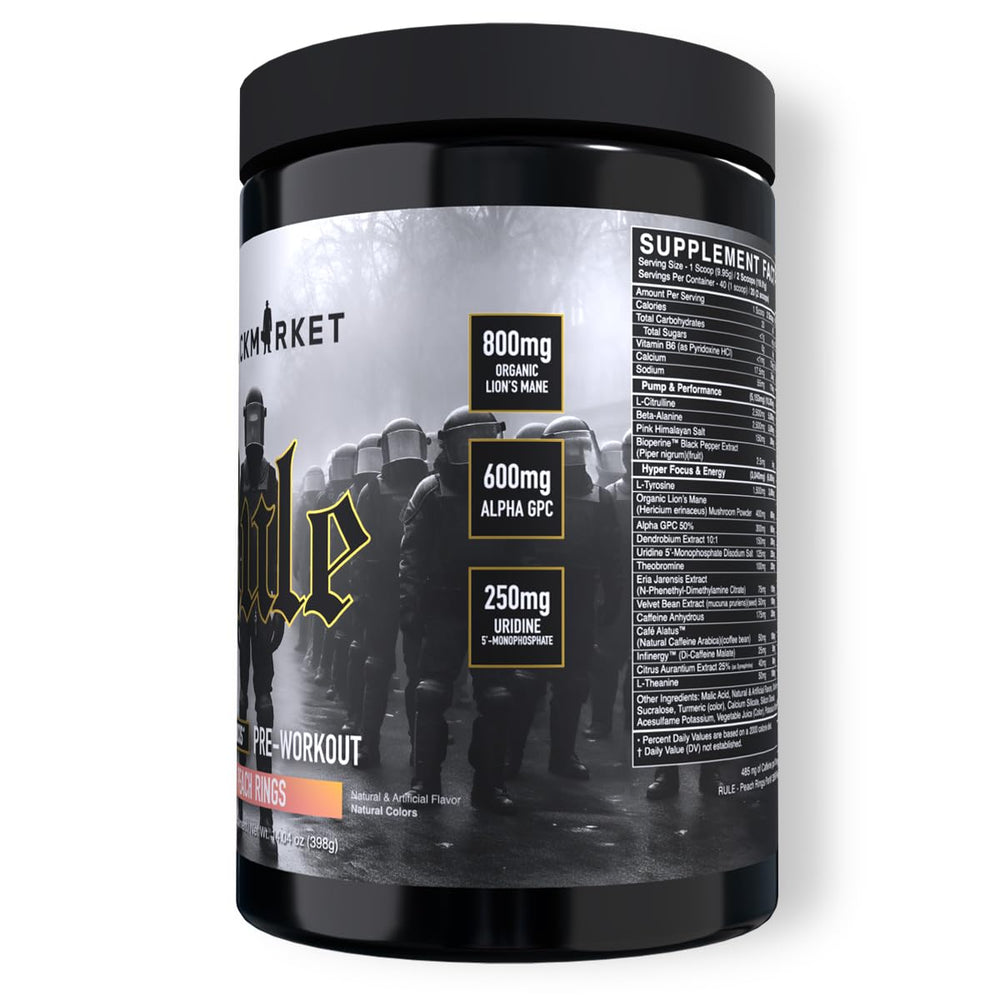 BLACKMARKET Rule bottle front for easy dose access during intense workouts.