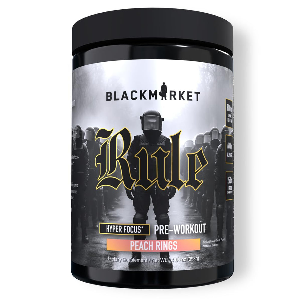 BLACKMARKET Rule Peach Rings bottle showcases crave-worthy flavor and elevated energy.