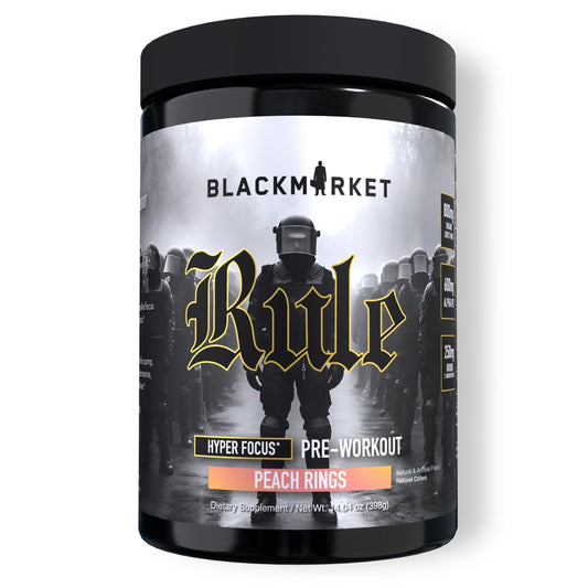 BLACKMARKET Rule Peach Rings bottle showcases crave-worthy flavor and elevated energy.
