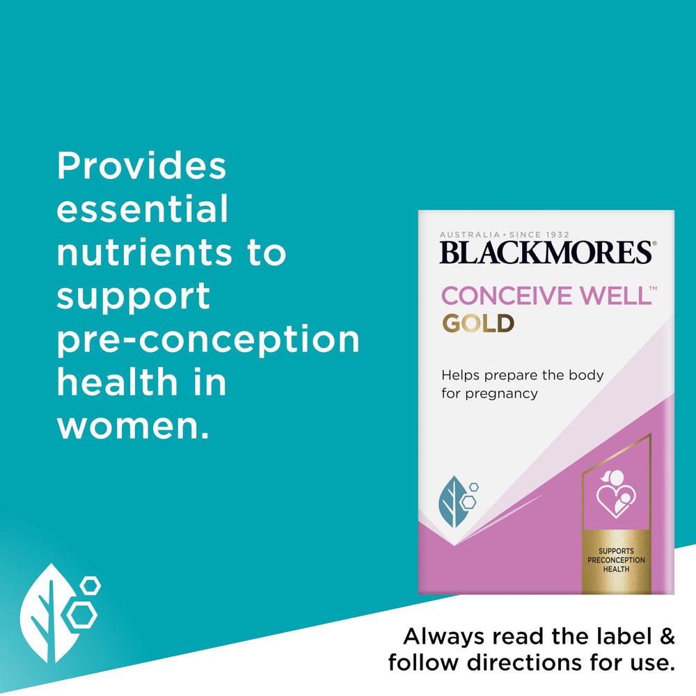 Blackmores Conceive Well Gold folic acid image showing essential nutrient support for pregnancy prep