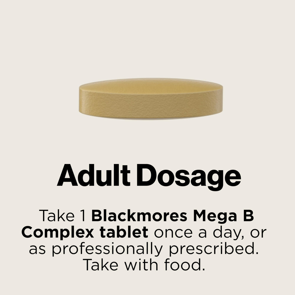 Blackmores Mega B Complex 75 daily-use visuals suggest convenient energy support