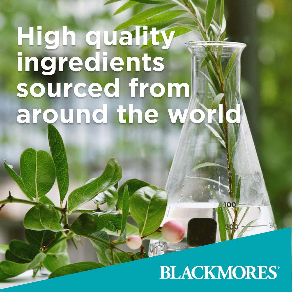 Blackmores Mega B Complex 75 ingredients table outlines essential vitamins and cofactors