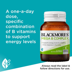 Blackmores Mega B Complex 75 packaging emphasizes complete B vitamin support