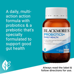 Blackmores Probiotics+ Daily Health bottle back with strain information.