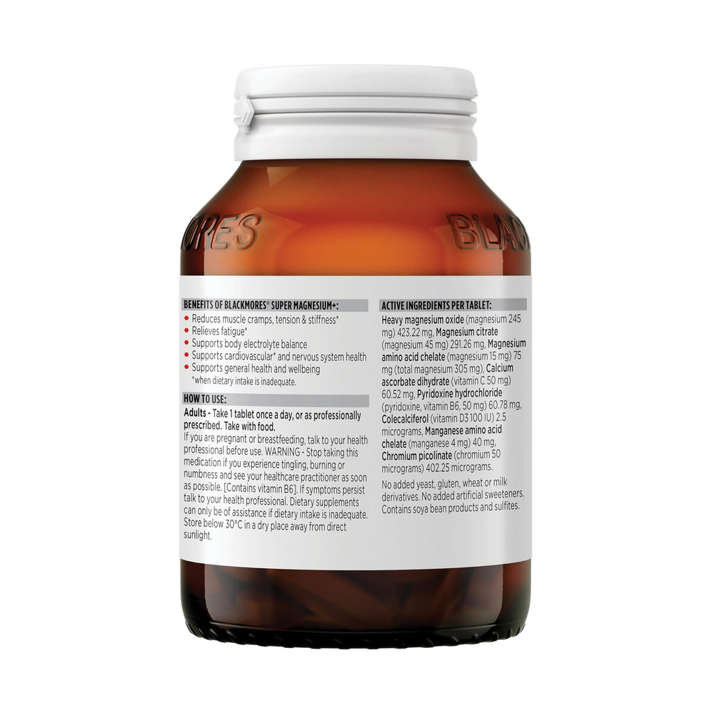 Blackmores Super Magnesium Plus bottle back label with ingredients and directions