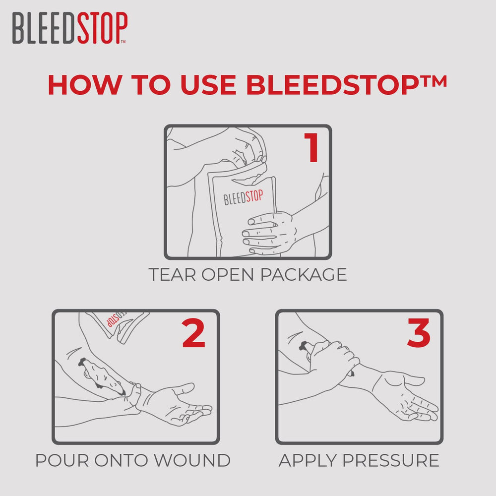 BleedStop powder bottle label closeup highlights portable 15g size for on-the-go emergencies.