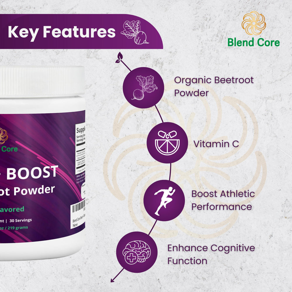 Blend Core Beet Boost berry powder tub ready for quick energy