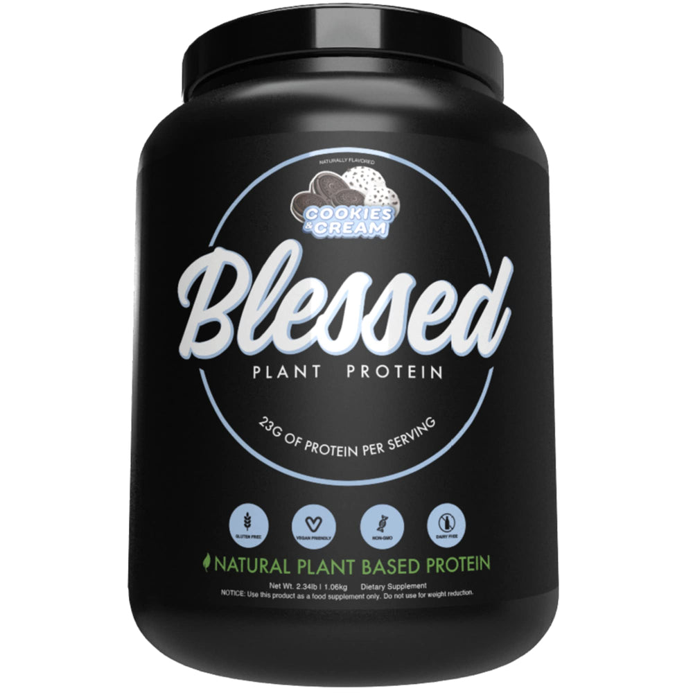 BLESSED Cookies & Cream vegan protein powder tub front, a dairy-free option for everyday protein.