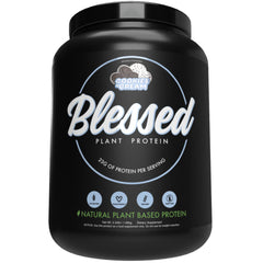BLESSED Cookies & Cream vegan protein powder tub front, a dairy-free option for everyday protein.