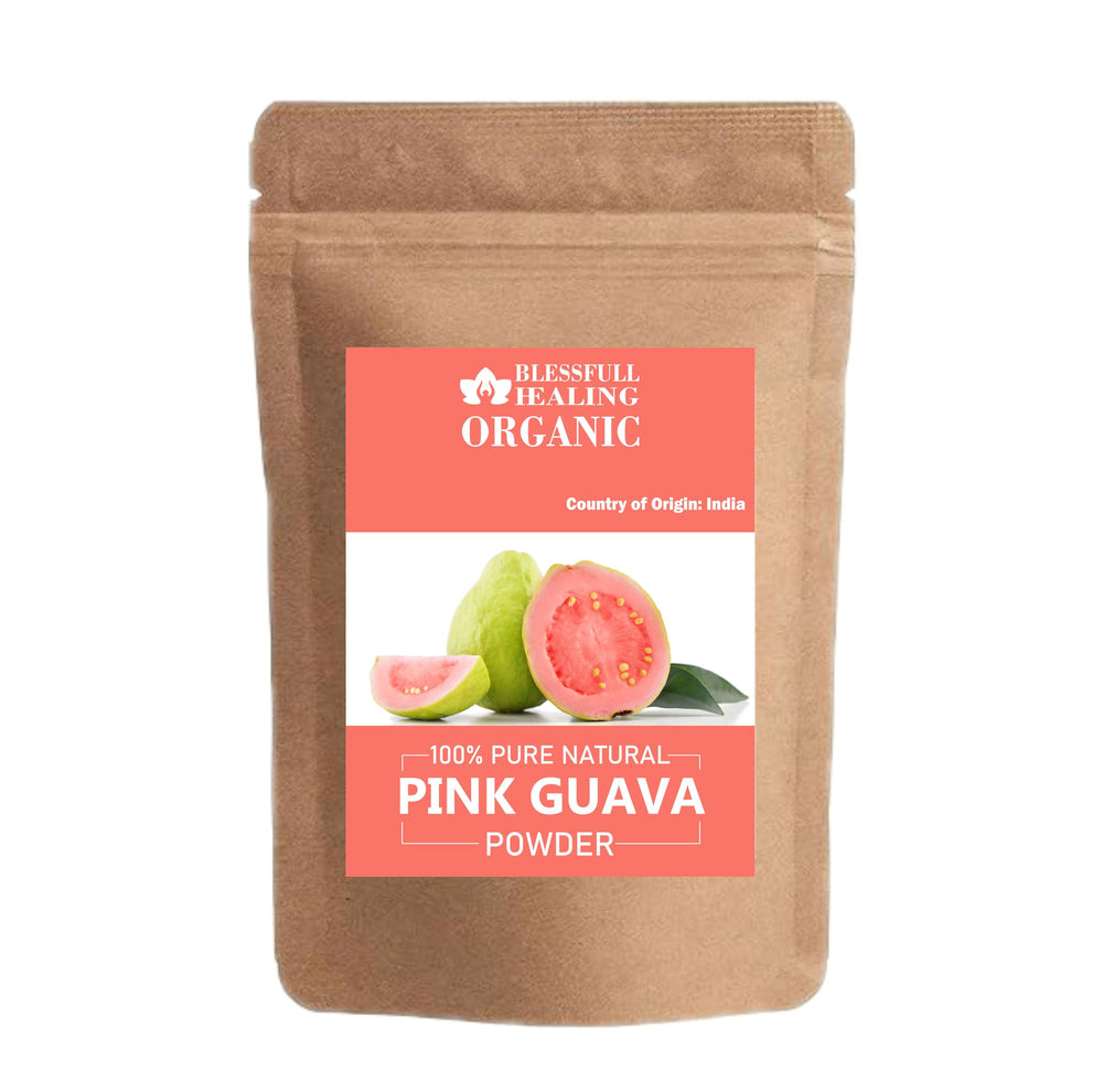 Blessfull Healing pink guava powder in 200g container, ideal for smoothies and healthy mixing.