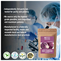 Blessfull Healing red cabbage powder being poured, ideal for smoothies and soups.