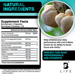 B Life Company Lion’s Mane blend with ashwagandha and magnesium notes